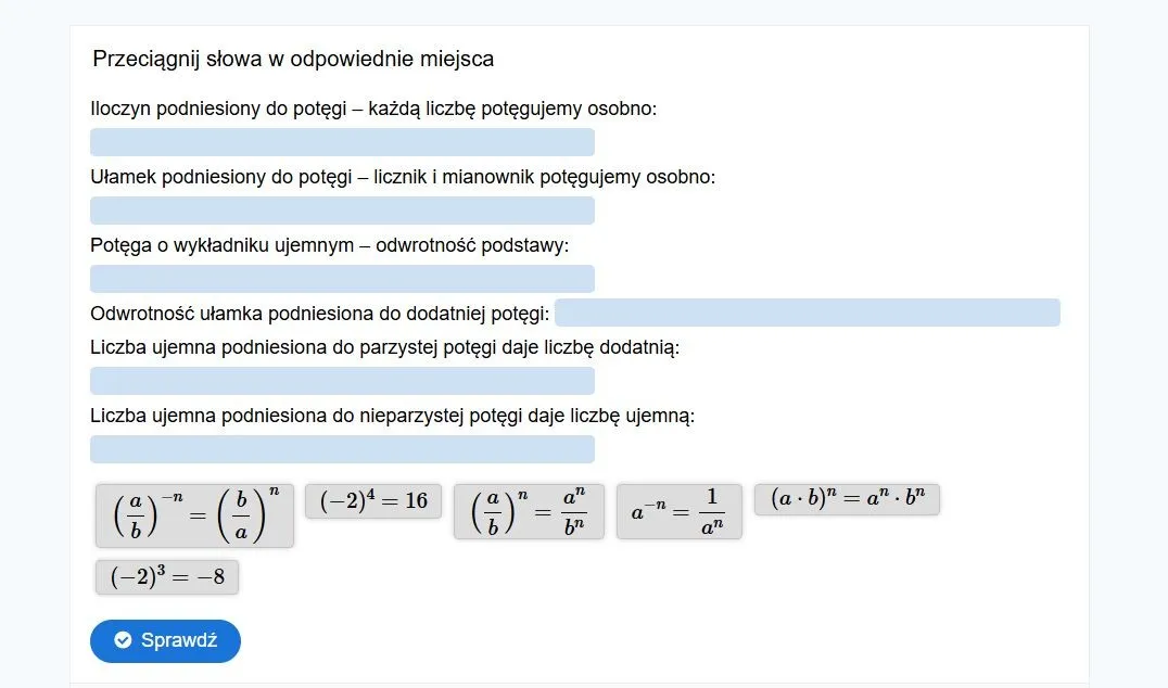 Kurs do egzaminu ósmoklasisty z matematyki — interaktywne zadanie z przeciąganiem wzorów matematycznych do definicji na platformie Egzamin.pl