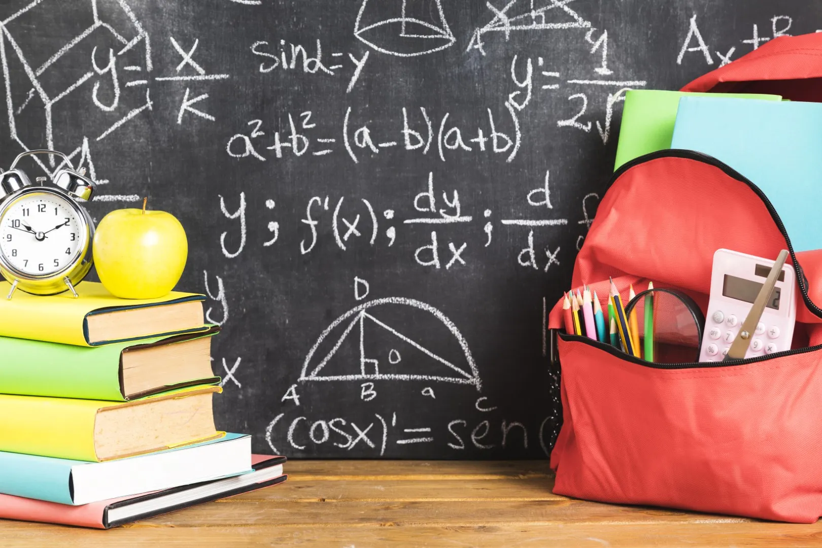 Tablica szkolna zapisana wzorami z matematyki na maturę i zadaniami
