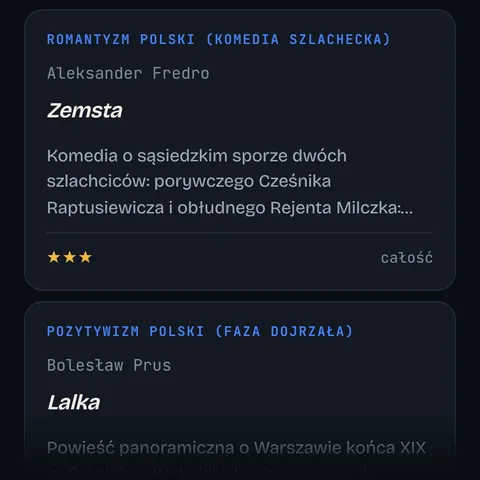 Ekran kursu polskiego: lektury obowiązkowe, karty „Zemsta” i „Lalka” ze streszczeniem