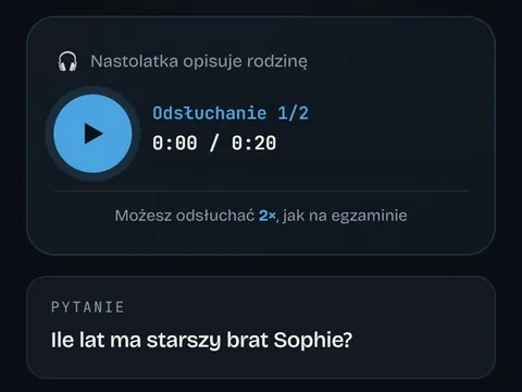 Ekran kursu angielskiego: zadanie ze słuchu z odtwarzaczem nagrania, które można odsłuchać dwa razy