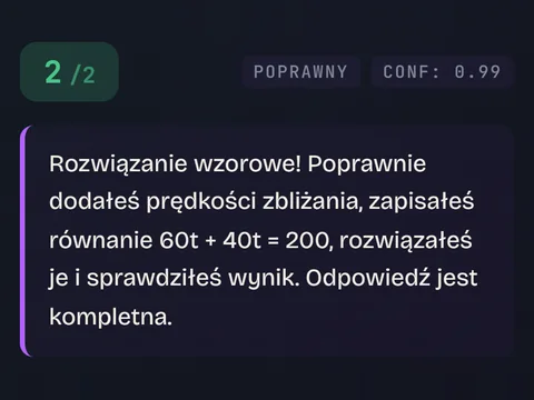 Ekran kursu matematyki: ocena AI rozwiązania zadania otwartego, 2 na 2 punkty, z komentarzem do rozwiązania