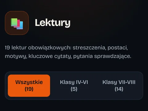 Ekran kursu języka polskiego: Lektury, 19 lektur obowiązkowych z podziałem na klasy IV-VI i VII-VIII